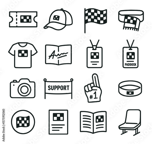 Motorsport fan gear line art icons. race ticket, team cap, flag wave, fan scarf, team shirt, autograph book, pit tour badge, paddock pass, photo camera, support banner, foam finger