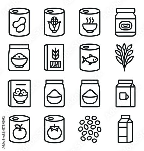 Non-perishable foods line art icons. canned beans, canned corn, canned soup, peanut butter jar, rice bag, pasta box, canned tuna, oats pack, cereal box, flour bag, sugar bag, tea