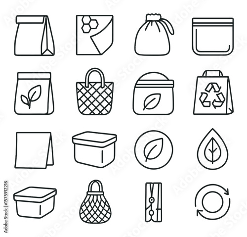 Eco-friendly food bags line art icons. paper lunch bag, beeswax wrap, cloth snack bag, silicone food pouch, compostable bag, plant fiber tote, reusable zip bag, recycled paper bag,