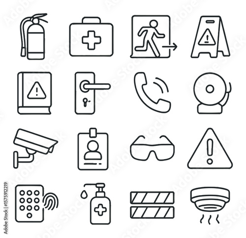 Office safety line art icons. fire extinguisher, first aid kit, emergency exit sign, wet floor sign, safety manual, keycard lock, emergency phone, alarm bell, camera surveillance,