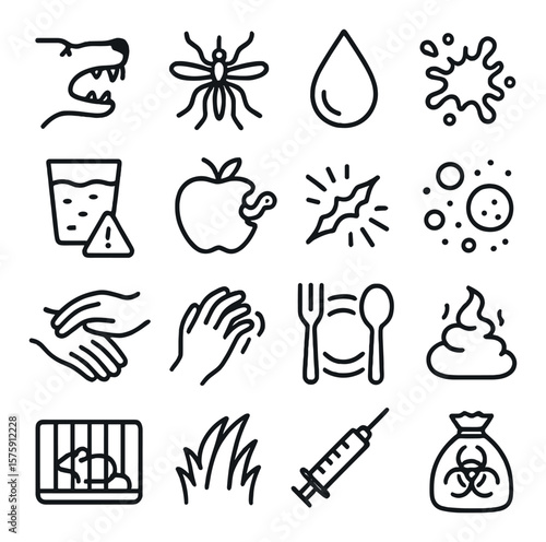 Transmission methods line art icons. animal bite, insect sting, blood droplet, saliva splash, contaminated water, foodborne infection, open wound, air particles, skin contact,