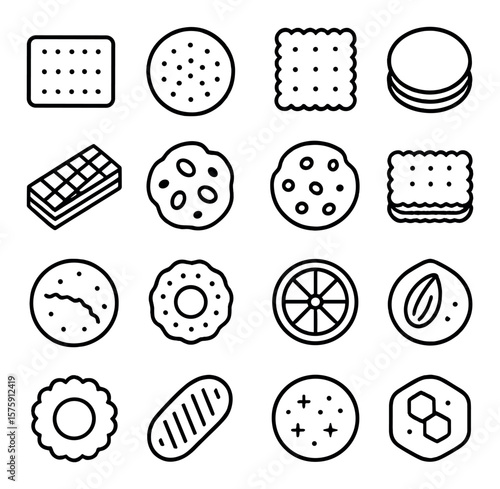 Biscuit types line art icons. shortbread, digestive, butter biscuit, cream-filled, wafer, oat cookie, chocolate chip, sandwich biscuit, ginger snap, sugar cookie, lemon biscuit,