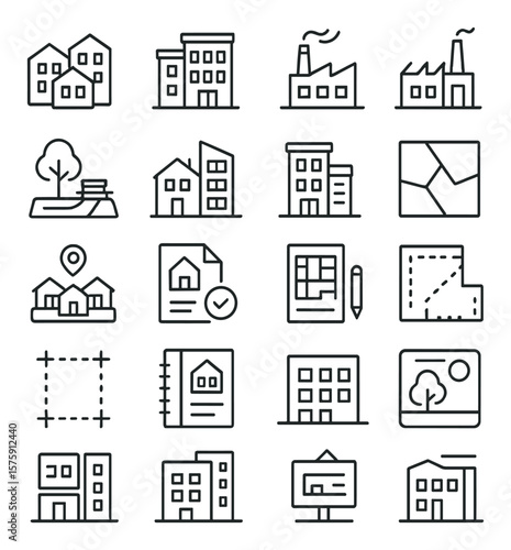 Zoning and land use line art icons. residential block, commercial building, industrial zone, park area, mixed-use icon, zoning map, community district, building permit, land parcel