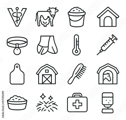 Animal health line art icons. vet symbol, livestock icon, feed bucket, animal shelter, collar tag, hoof care, animal thermometer, vaccine for animals, ear tag, barn, animal