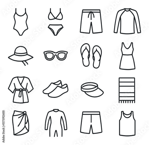 Beachwear line art icons. swimsuit, bikini, swim trunks, rash guard, sun hat, sunglasses, flip-flops, beach dress, beach cover-up, water shoes, visor, beach towel, sarong, wetsuit,