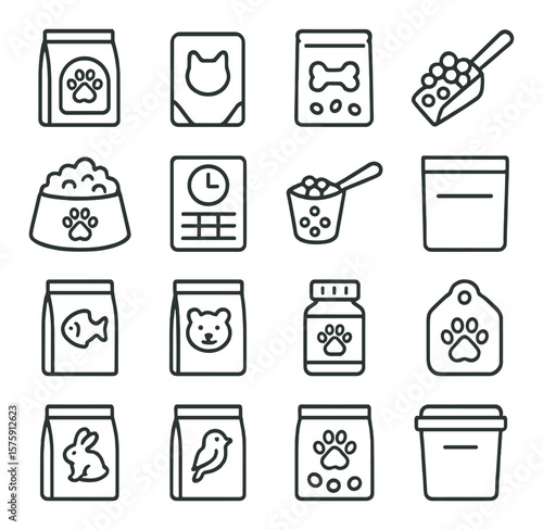 Pet food bags line art icons. dry dog food bag, cat food pouch, treat bag, kibble scoop, pet bowl, feeding schedule, food measuring cup, sealed pouch, fish food, hamster snack bag,