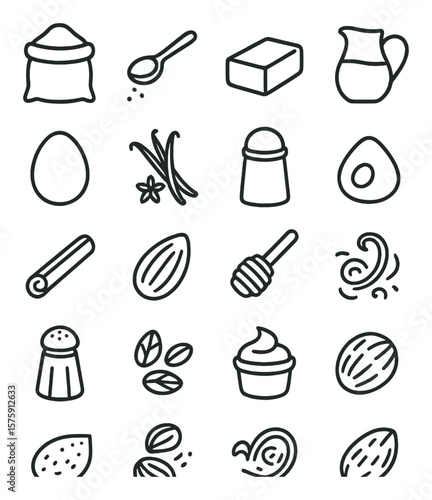 Biscuit ingredients line art icons. flour sack, sugar spoon, butter stick, milk jug, egg, vanilla pod, baking powder, chocolate chip, cinnamon stick, almond, honey dipper, lemon