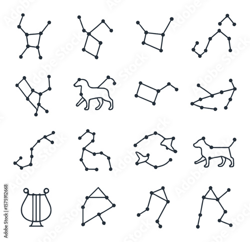 Constellations line art icons. Orion, Ursa Major, Cassiopeia, Scorpius, Taurus, Leo, Gemini, Sagittarius, Andromeda, Draco, Aquarius, Pisces, Canis Major, Lyra, Cepheus, Bootes.