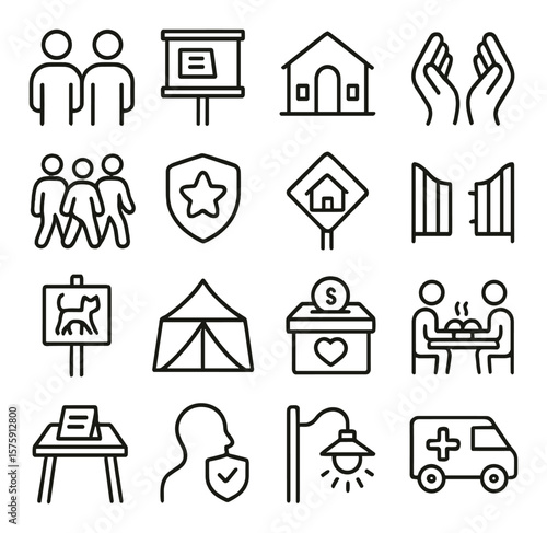 Community help line art icons. neighbor icon, notice board, community center, helping hands, group walk, volunteer badge, neighborhood sign, open gate, lost pet sign, event tent,