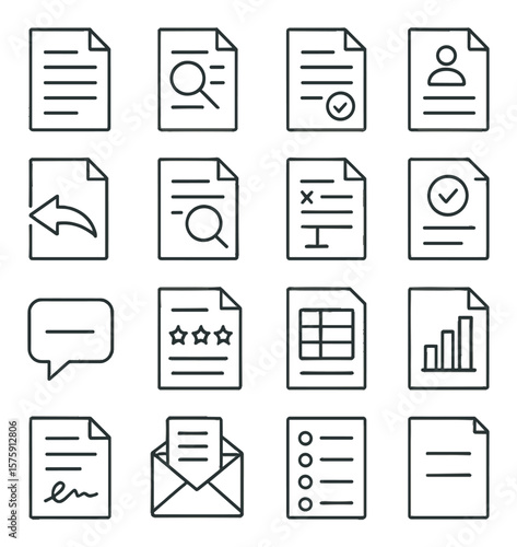 Audit reporting line art icons. draft report, findings section, recommendations page, executive summary, management response, final review, revision log, approval stamp, comment