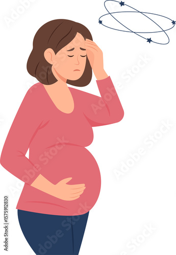 Pregnant woman suffers from dizziness.Vertigo. Low hemoglobin and iron deficiency. The concept of health protection.Vector illustration