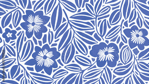 Blue and white floral pattern with stylized flowers and leaves creating a dense arrangement design