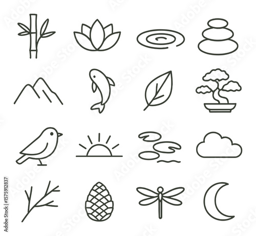 Zen nature line art icons. bamboo stalk, lotus flower, water ripple, pebbles, mountain silhouette, koi fish, leaf, bonsai tree, bird, sunrise, pond, cloud, branch, pine cone,