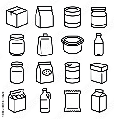 Food containers line art icons. cardboard box, paper bag, tin can, plastic container, jar with lid, pouch, sealed tray, bottle, glass jar, bag of rice, soup can, egg carton, snack