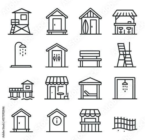 Seaside buildings line art icons. lifeguard tower, beach hut, surf shack, tiki bar, beach shower, restroom sign, boardwalk bench, lifeguard chair, pier, beachfront café, shaded