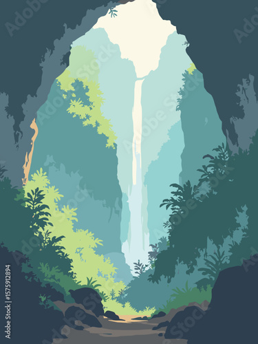 Son Doong Cave, Vietnam – largest cave with jungle skylight in rock gray, leaf green, beam white, and moss brown