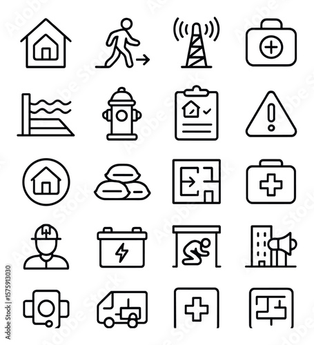 Disaster preparedness line art icons. emergency shelter, evacuation route, siren tower, emergency kit, flood barrier, fire hydrant, disaster plan icon, alert icon, shelter sign,