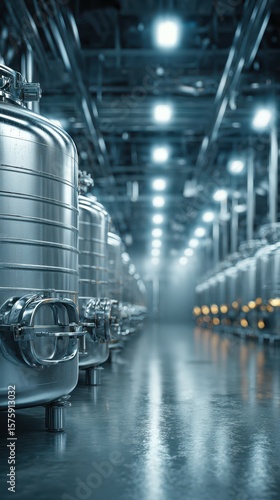 Industrial fermentation tanks in a modern biotechnology facility during a nighttime operation