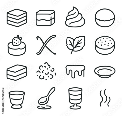 Classic dessert elements line art icons. sponge cake, custard filling, cream swirl, pastry crust, fruit topping, vanilla bean, mint leaf, powdered top, cake layer, cookie crumble,
