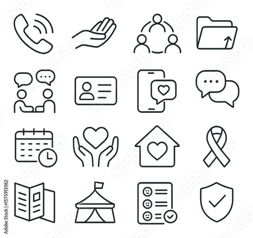Support organizations line art icons. hotline phone, helping hand, circle of people, outreach folder, counselor icon, info card, support app, group message, schedule board,