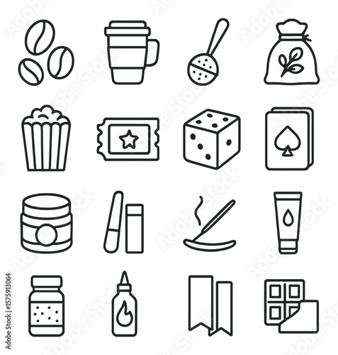 Themed gift sets line art icons. coffee beans, travel mug, tea infuser, herbal blend, popcorn bag, movie ticket, game dice, card deck, face cream, nail file, incense stick, hand