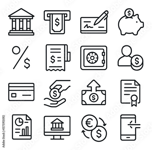 Banking and finance line art icons. bank building, ATM icon, checkbook, savings account, interest icon, transaction slip, secure vault, account balance, banking card, money deposit