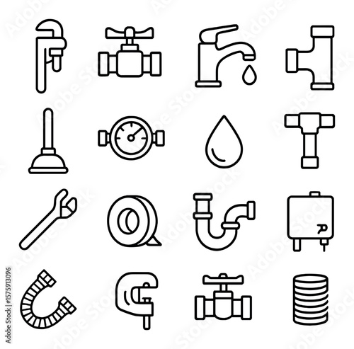 Plumbing repair line art icons. pipe wrench, water valve, faucet, pipe joint, plunger, water meter, leak drop, T-connector, basin wrench, pipe tape, sink trap, water tank, flexible