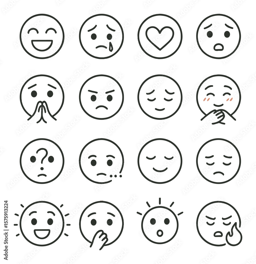Emotional expressions line art icons. joy, sorrow, love, fear, hope, anger, nostalgia, gratitude, confusion, longing, serenity, loneliness, excitement, regret, wonder, passion. Emotional expressions line art icons. joy, sorrow, love, fear, hope, anger, nostalgia, gratitude, confusion, longing, serenity, loneliness, excitement, regret, wonder, passion.