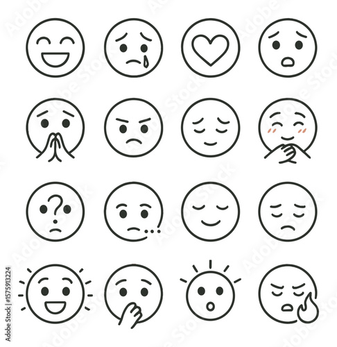 Emotional expressions line art icons. joy, sorrow, love, fear, hope, anger, nostalgia, gratitude, confusion, longing, serenity, loneliness, excitement, regret, wonder, passion.