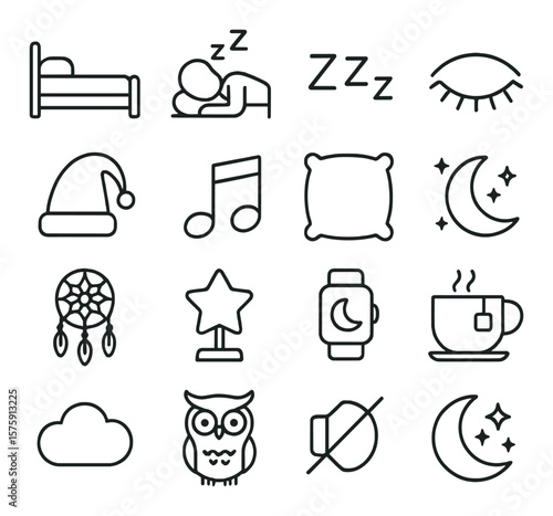Dream & Sleep line art icons. bed, sleeping person, Zzz icon, closed eye, nightcap, lullaby notes, soft pillow, crescent moon, twinkling stars, dreamcatcher, star lamp, sleep