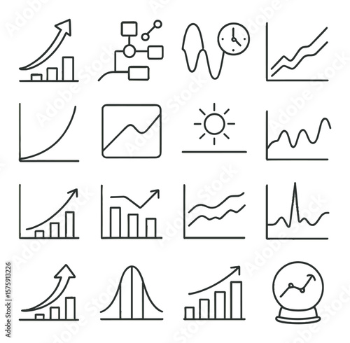 Forecasting line art icons. future trend icon, predictive model, seasonal pattern, time series chart, exponential line, forecasting window, horizon icon, demand chart, forecast vs