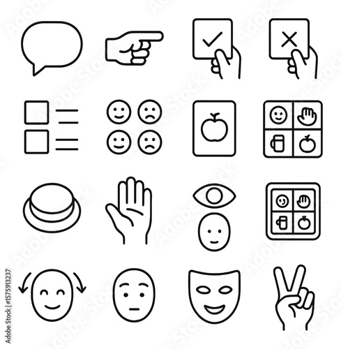 Communication aids line art icons. speech bubble, pointing hand, yes card, no card, visual schedule, emotion chart, PECS card, communication board, talk button, gesture symbol, eye