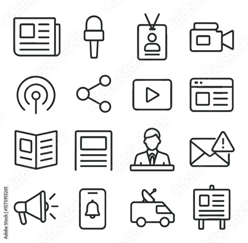 Media and outreach line art icons. newspaper, radio mic, press badge, TV camera, broadcast icon, social share, livestream, online article, printed flyer, headline, news anchor,