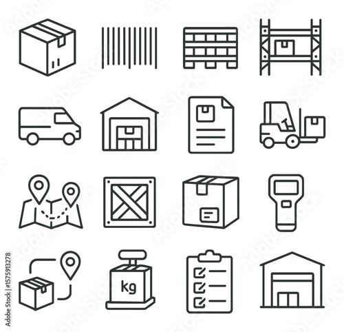 Warehouse and logistics line art icons. shipping box, barcode, pallet icon, storage rack, delivery van, warehouse building, inventory sheet, forklift, logistics map, crate icon,