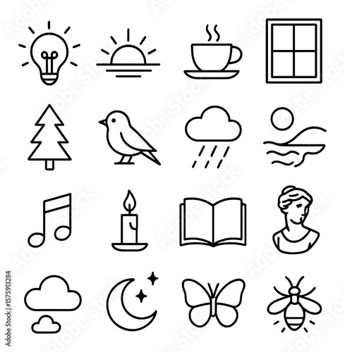 Writing inspiration line art icons. idea bulb, sunrise, coffee cup, window view, forest tree, bird, soft rain, beach shore, music note, candlelight, open book, muse statue, dream