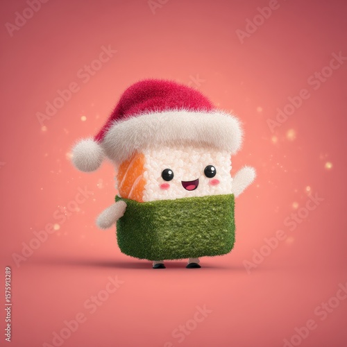 Cute sushi character wearing Santa hat celebrates festive season in a joyful and playful manner, perfect for holiday spirit