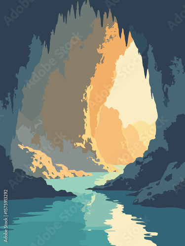 Jeita Grotto, Lebanon – illuminated stalactite cave in amber gold, stone gray, and turquoise reflections