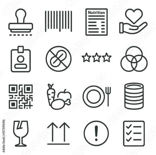 Labeling system line art icons. expiration date stamp, barcode label, nutritional facts, donation logo, food name tag, allergen symbol, category icon, color sticker, QR code, food