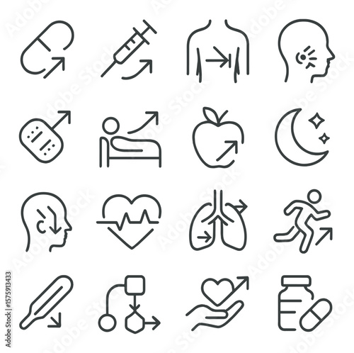 Health & Medicine line art icons. dosage arrow, injection direction, body part arrow, pain location arrow, healing progress arrow, recovery arrow, nutrition arrow, sleep pattern