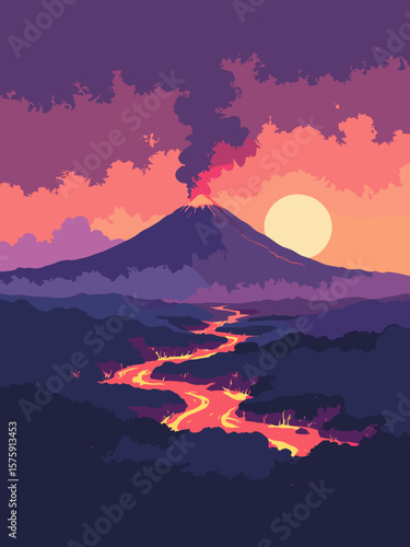 Kilauea, USA – lava flowing over land in glowing red, black rock, smoke white, and sunset purple sky