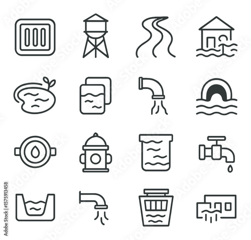 Water and drainage systems line art icons. storm drain, water tower, canal path, pumping station, retention pond, rainwater tank, drainpipe, culvert symbol, water meter, hydrant