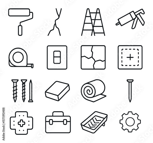 Home maintenance line art icons. paint roller, wall crack, ladder, caulk gun, measuring tape, light switch, broken tile, drywall patch, screw set, sanding block, insulation roll,