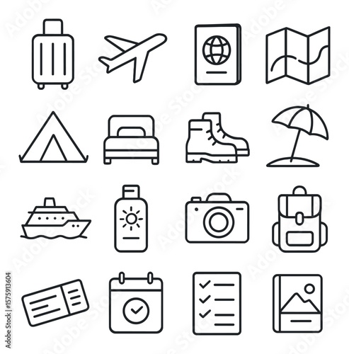 Holiday Planning line art icons. suitcase, airplane, passport, travel map, tent, hotel bed, hiking boots, beach umbrella, cruise ship, sunscreen, camera, backpack, boarding pass,