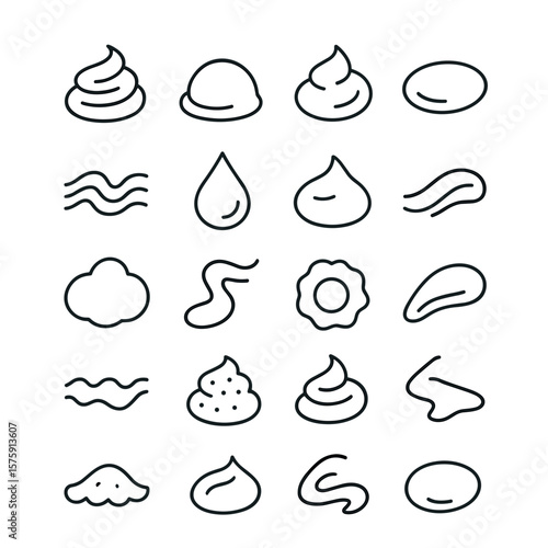 Creamy food textures line art icons. soft swirl, smooth scoop, airy dollop, glossy surface, thick ribbon, glossy drop, gentle peak, silky line, fluffy mound, runny stream, dense