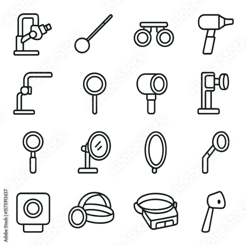Medical lenses line art icons. surgical microscope lens, endoscope lens, dental loupe, otoscope lens, operating lens, inspection mirror, dermatoscope lens, slit lamp lens, retinal