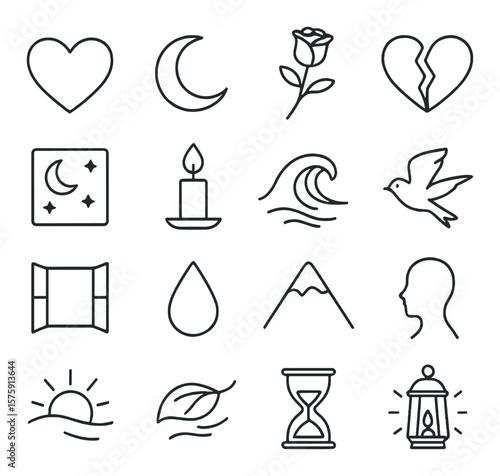 Poetic themes line art icons. love heart, moon, rose, broken heart, starry sky, candle flame, ocean wave, bird in flight, open window, raindrop, mountain peak, shadow silhouette,