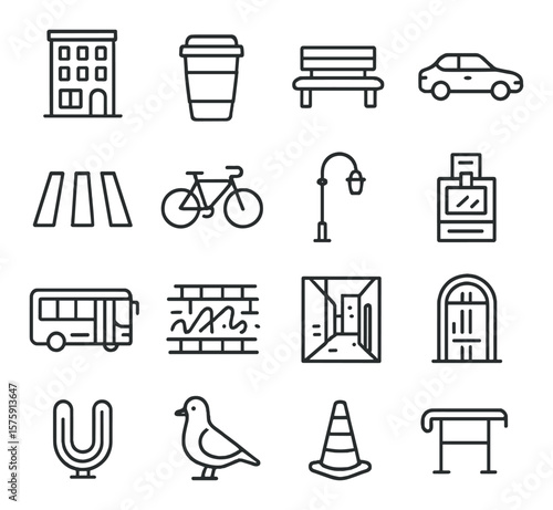 Street photography objects line art icons. urban building, coffee cup, city bench, passing car, crosswalk, bicycle, streetlamp, newspaper stand, public bus, graffiti wall, alleyway