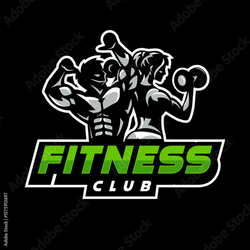 Fitness Gym logo design with exercising athletic man and woman isolated on dark background