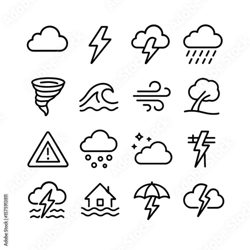 Storm and nature line art icons. storm cloud, lightning bolt, thunder icon, heavy rain, tornado swirl, flood wave, strong wind, tree bending, weather alert, hail icon, dark sky,