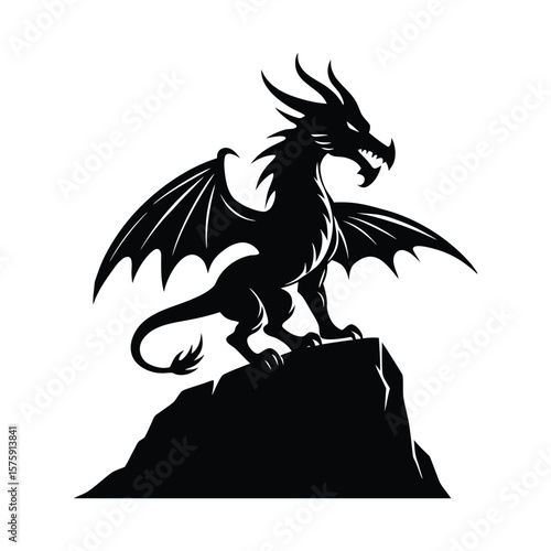 Majestic dragon silhouette perched on a rugged rocky cliff edge overlooking a vast landscape fantasy art